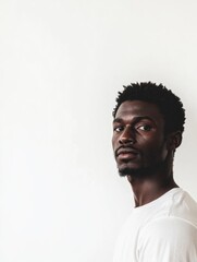 Obraz premium Portrait of a confident African man with short curly hair dressed in a white t-shirt against a bright white background for text space