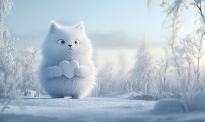 Fluffy white cat holding heart in snowy winter scene.
