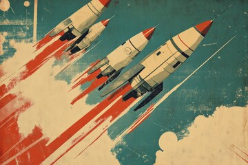 Vintage sci-fi movie poster, retro rocket ships, bold typography, and faded, muted tones for nostalgic charm
