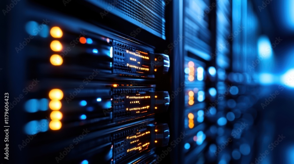 Poster high tech server rack in modern data center with bright lighting and organized networking cables for