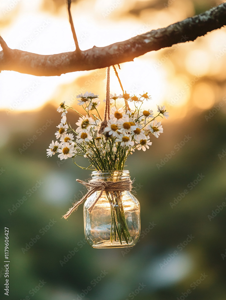 Poster hanging jar of daisies with warm sunlight and bokeh background