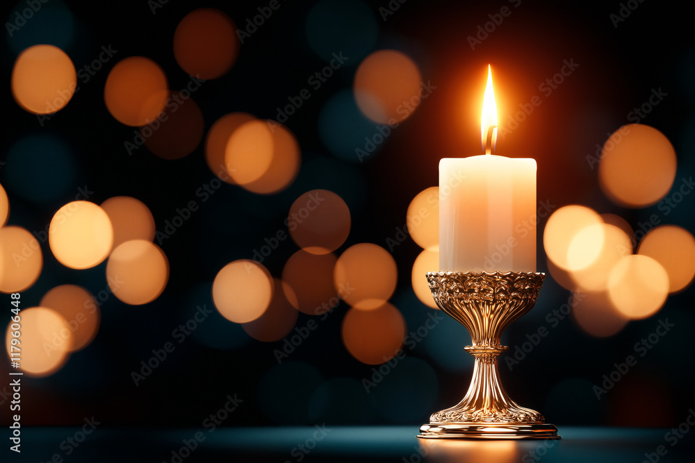 Poster glowing candle in ornate candelabra casts warm light, creating serene atmosphere with soft bokeh in 