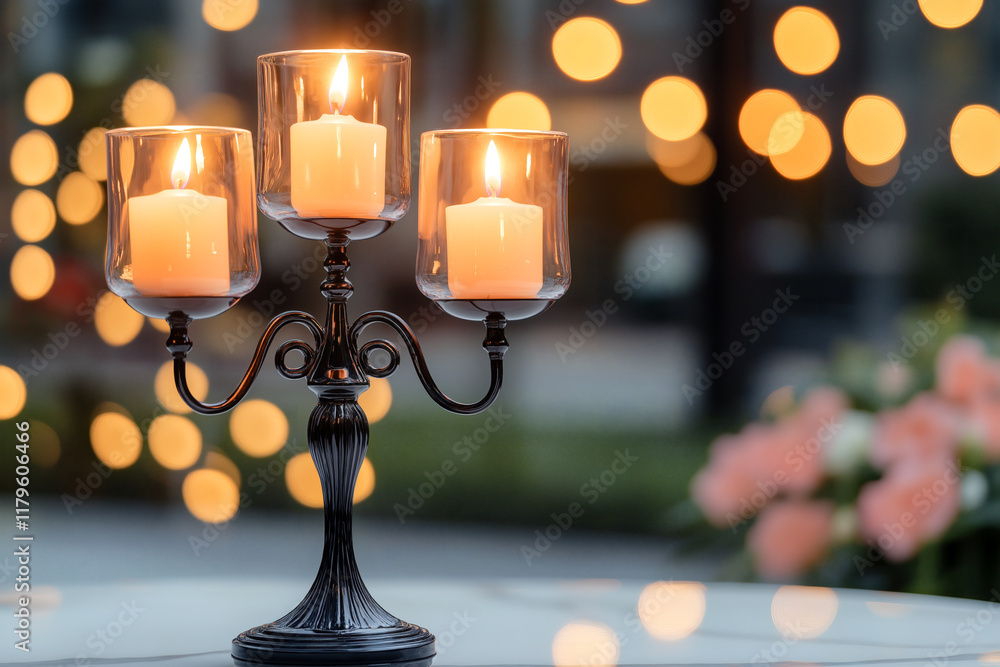 Poster elegant candlelight shines from candelabra, creating warm ambiance with blurred bokeh lights in back
