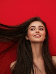 Obraz premium Smiling young woman with long silky hair playing against a vibrant red background showcasing joy and beauty with empty copyspace for text.