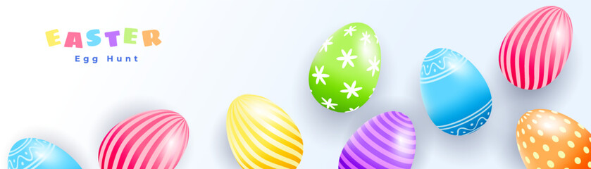 Happy Easter creative design with realistic 3d vector multi colored Easter eggs. Modern template for greeting banner, card, advertising sale, web, horizontal poster.