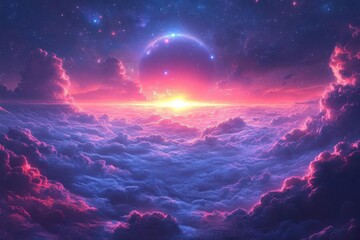 Naklejka premium majestic cosmic landscape featuring luminous planet earth with glowing aurora borealis surrounded by swirling nebula clouds and distant stars