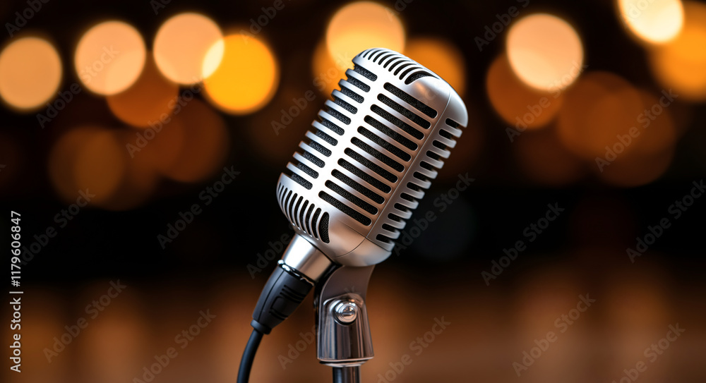 Poster close up of vintage microphone with shiny metallic finish, set against blurred background of warm bo
