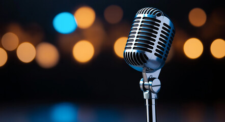 Close up of vintage microphone with shiny metal finish, set against blurred background of colorful bokeh lights, creating nostalgic and artistic atmosphere