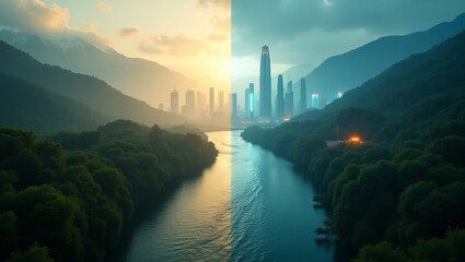 Sunrise vs. night cityscape split screen