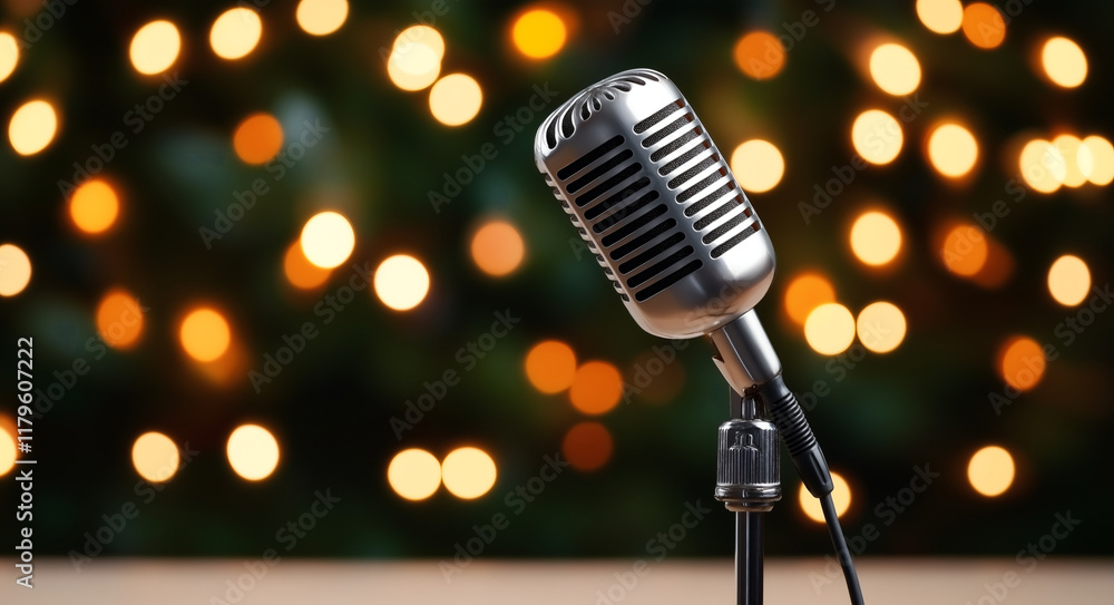 Poster close up of old vintage microphone with blurred bokeh background, creating nostalgic and artistic at