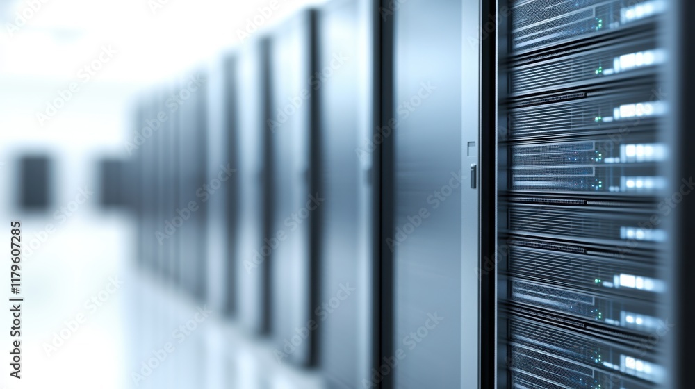 Poster high-tech server room with rows of powerful servers in a cool dimly lit environment showcasing advan