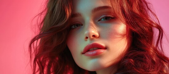 Obraz premium Close-up portrait of beautiful young woman with shiny wavy brown hair against vibrant pink and blue gradient background with ample copyspace for text