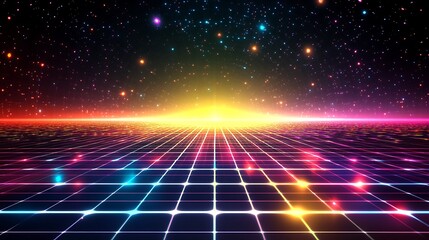 Vibrant Grid Landscape Underneath a Starry Night Sky