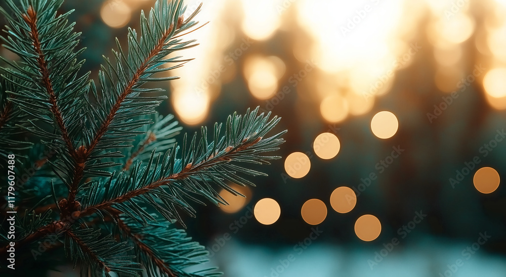 Aufkleber close up photo of pine branches with soft bokeh lights in background, creating warm and serene atmos