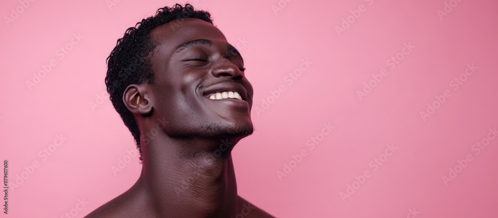 Poster carefree african man smiling against soft pink background with ample empty space for creative text p