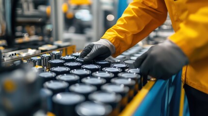 lithium battery, Factory Worker Handling Cylindrical Components in Manufacturing Process