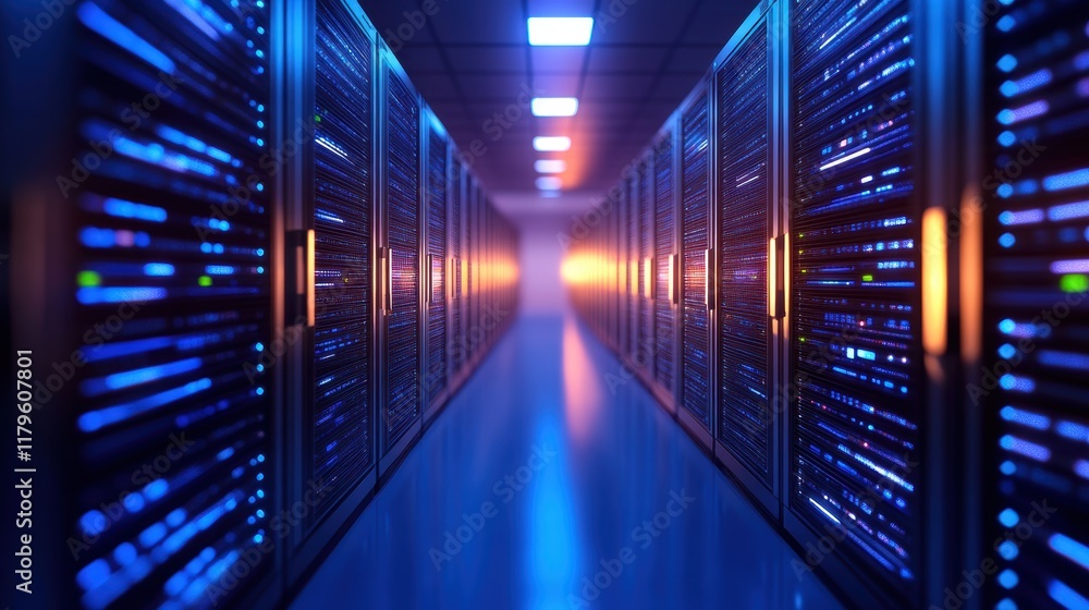 Poster sleek long hallway filled with rows of servers illuminated by soft lighting creating a high tech and