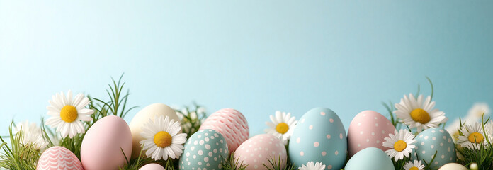 Colorful Easter eggs in grass with daisies create festive spring scene. pastel colors and playful patterns evoke joy and celebration during holiday season