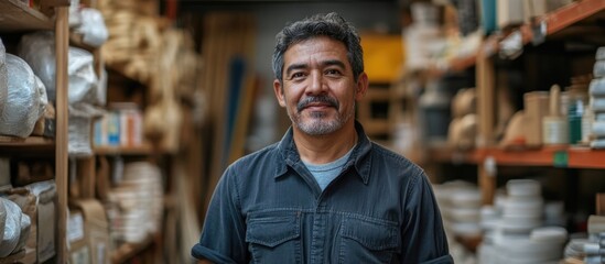 Fototapeta premium Confident Hispanic male storekeeper in building materials store aisles surrounded by shelves filled with goods in warm lighting with empty copyspace for text