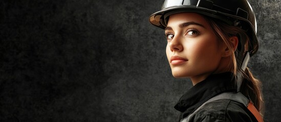 Obraz premium Confident young woman in construction helmet with empty copyspace for text against dark textured background emphasizing strength and professionalism