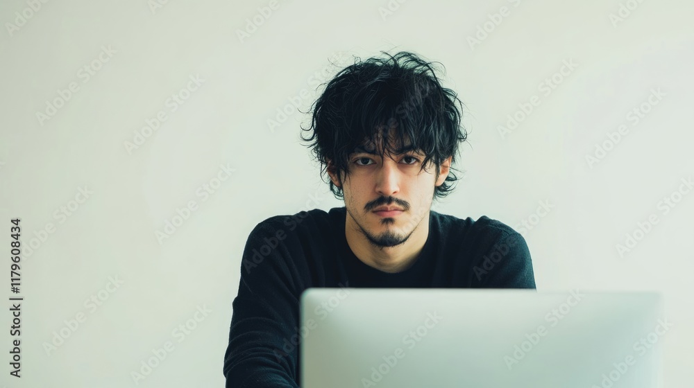 Poster intense young man with tousled dark hair focused on a computer screen in a modern office setting wit