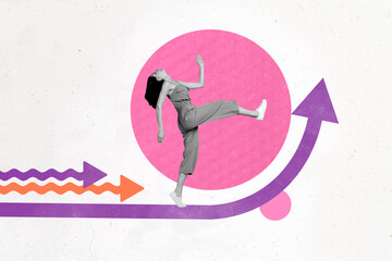 Creative sketch collage of excited girl step arrow direction pointer success development concept career promotion chance