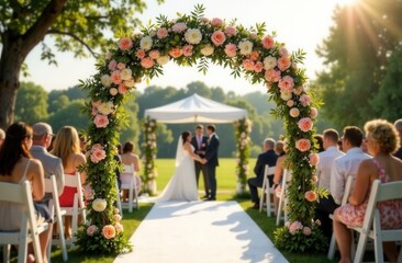 outdoor wedding arch decorated with flowers, set up for a ceremony, bright sunny setting with clear skies, frontal view showcasing the arch, softly blurred background of guests