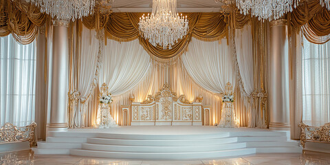 A beautifully decorated white and gold wedding stage featuring ornate details, draped curtains, and a sparkling crystal chandelier, creating a luxurious and sophisticated ambiance.
