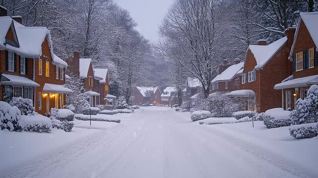 Residential street covered by snow surrounded by quiet neighborhood peacefully. Urban concept