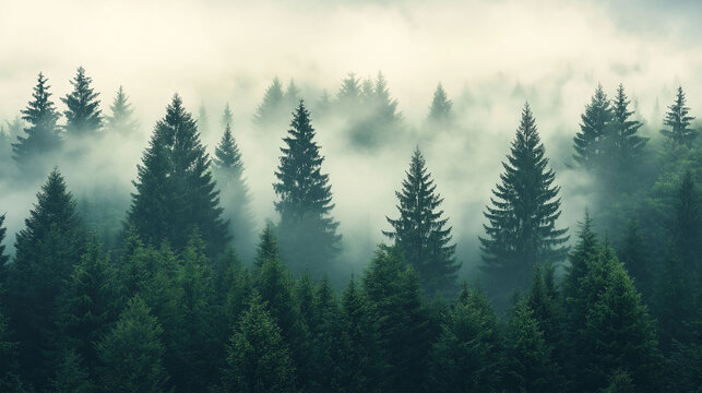 Misty pines forest on the mountain slope in a nature reserve or park. Forest of evergreen trees shrouded in fog on mountains background