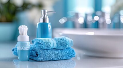 Spa essentials arranged neatly in soothing blue tones beside a serene bathroom sink in a wellness space