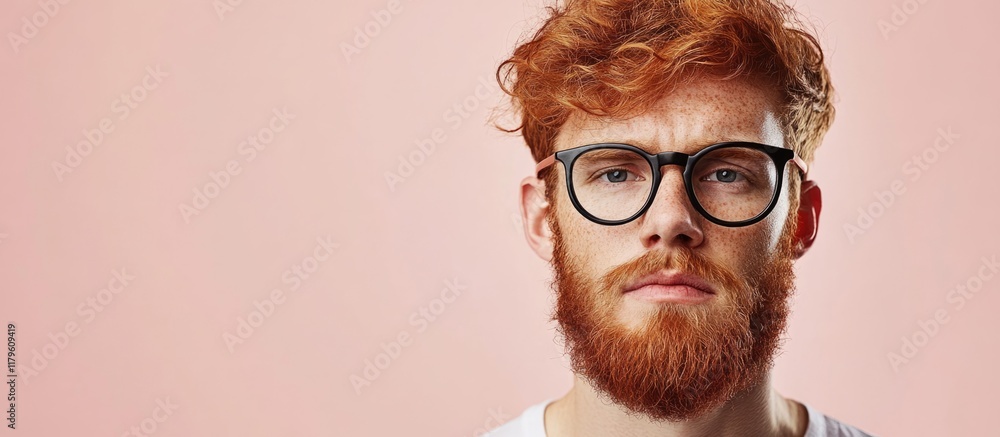 Poster redheaded man with glasses and beard against soft pink background with ample empty space for text fo