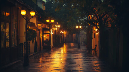 A serene, illuminated street at dusk, reflecting a calm and inviting atmosphere.