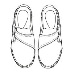 Women's mules slip on shoes Line art, Technical sketch hand drawing outline vector doodle top view isolated on white background for coloring page