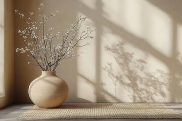 minimalist boho interior scene with beige monochrome table and decorative vase for product display and promotion background with copy space