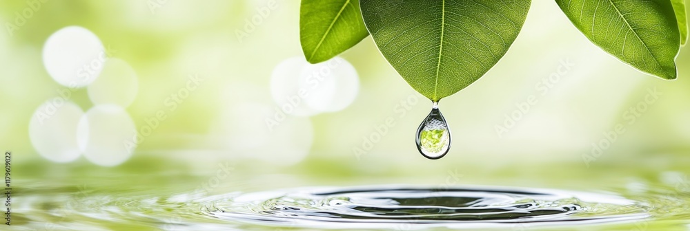 Poster water drop falling from a vibrant green leaf into calm water, creating expanding ripples that symbol