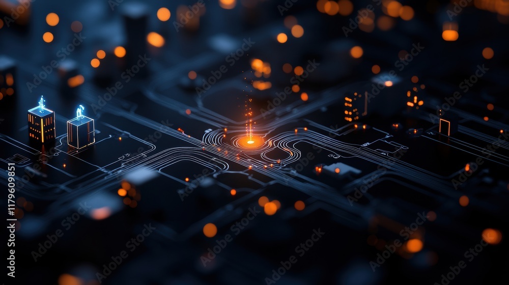 Poster vibrant circuit board with illuminated light emitting a futuristic glow in dark setting showcasing a