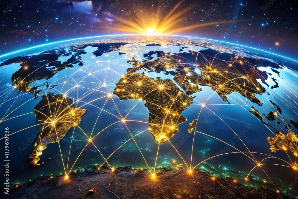 Poster global internet network: aerial drone view of world map showing data connections