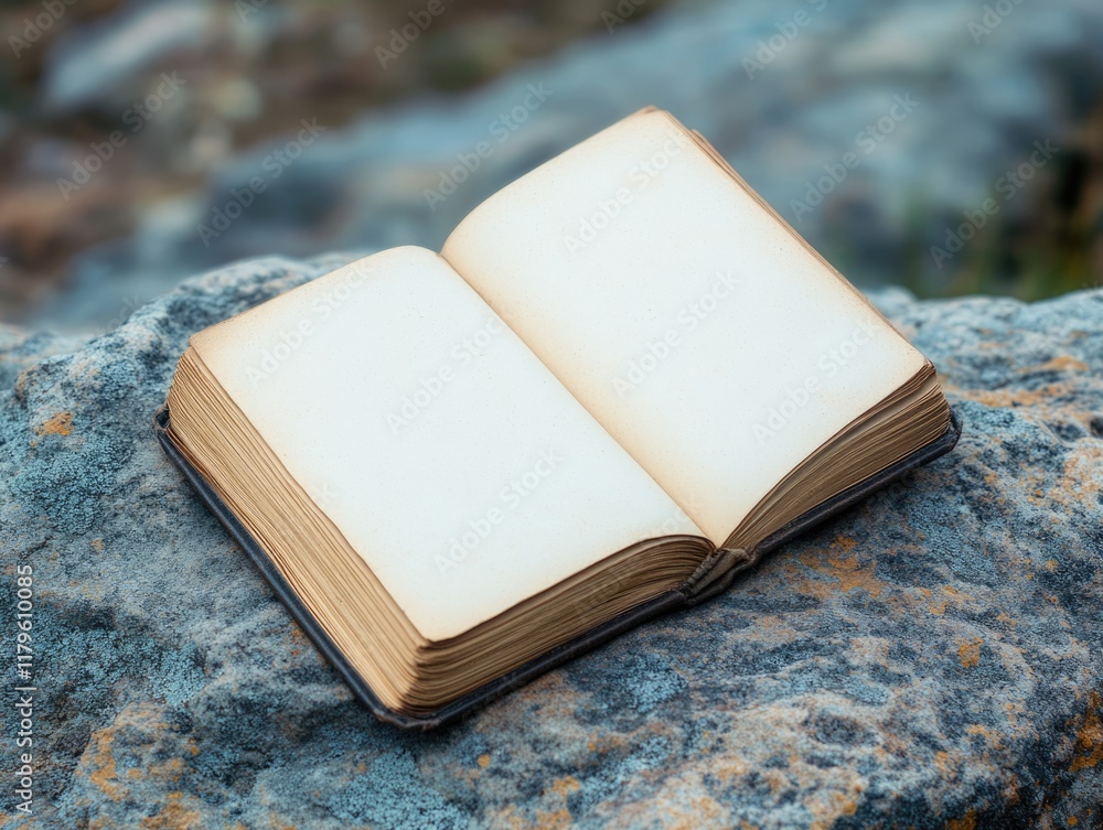 Poster open vintage book resting on textured stone surface, featuring large empty pages for text and subtle