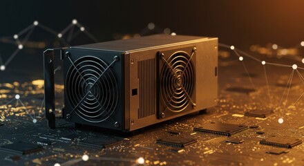 A 3D rendering of Bitcoin mining hardware displayed on a circuit board, visually representing the technology used in the Bitcoin mining process