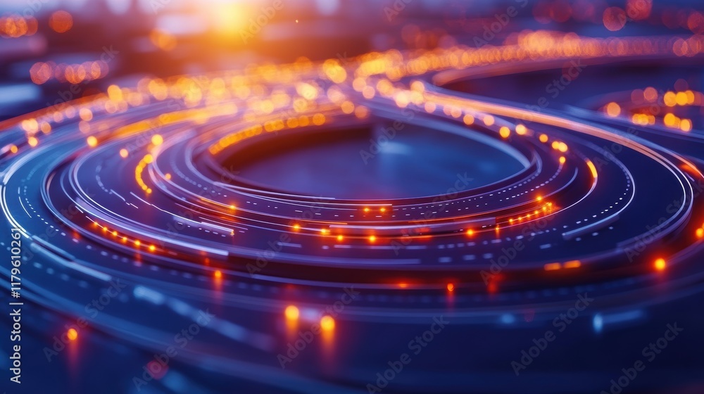 Aufkleber close up view of circular road with illuminated lights creating a dynamic urban night scene full of 