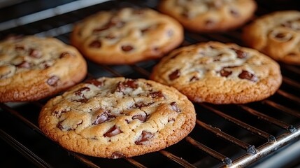 Freshly baked chocolate chip cookies cooling on a wire rack in a cozy kitchen setting