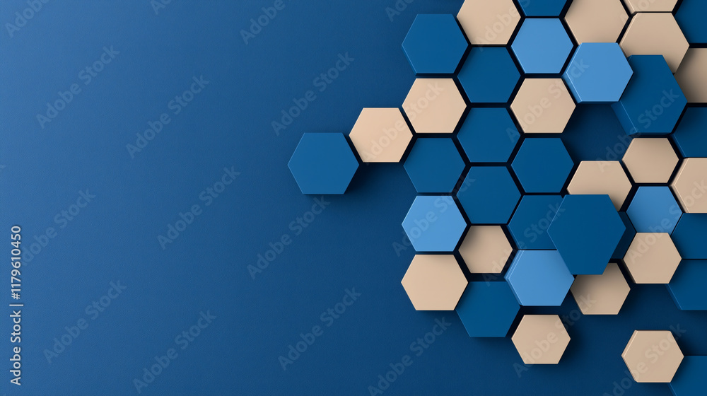 Poster hexagonal shapes in blue and beige create modern design on textured background. this visually appeal