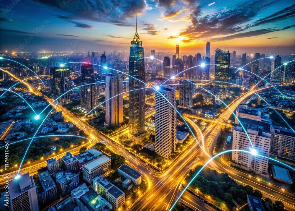 Aufkleber global network connectivity: drone view of mobile technology infrastructure