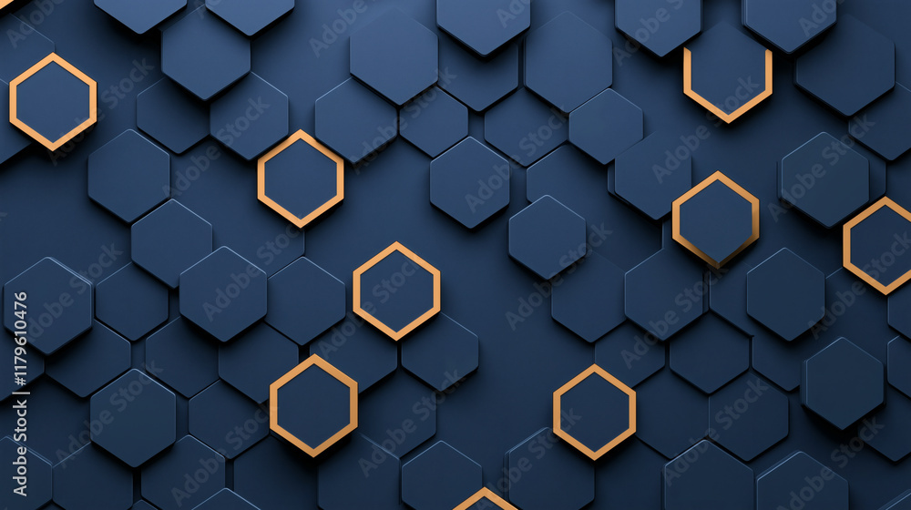 Poster textured dark blue background featuring hexagonal shapes with orange outlines, creating modern and d
