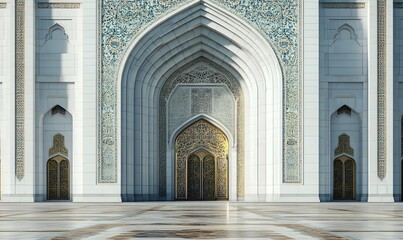Ornate mosque entrance with intricate details and arched doorways.