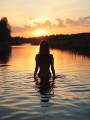 Fototapeta premium Silhouetted slender young woman standing in tranquil river water at sunset surrounded by lush greenery and dramatic orange skies