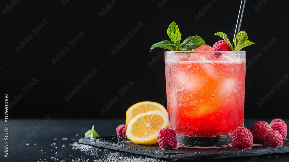 Poster refreshing raspberry lemonade: a close-up of a tall glass filled with a vibrant, red raspberry lemon