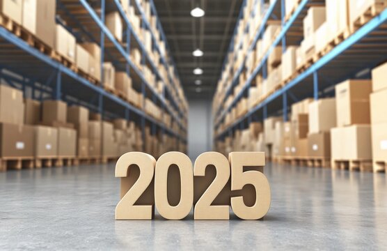 Warehouse Background with 2025 Front Text: Amazon FBA and Startup Concept Design