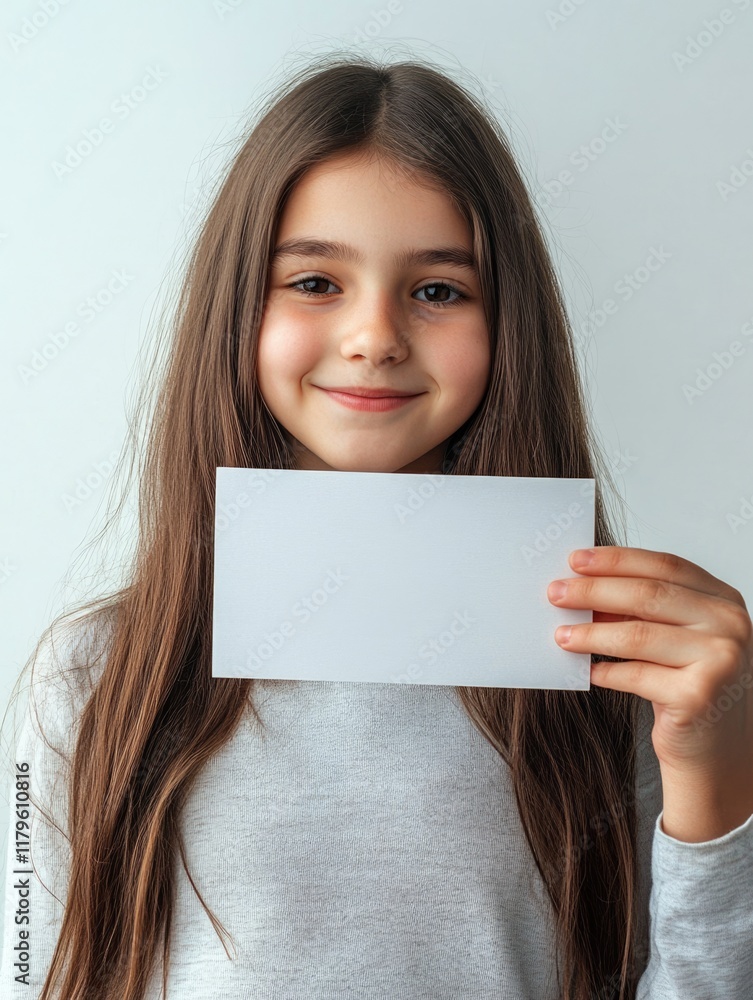 Poster smiling girl holding empty card for text display in bright indoor setting with neutral light gray ba